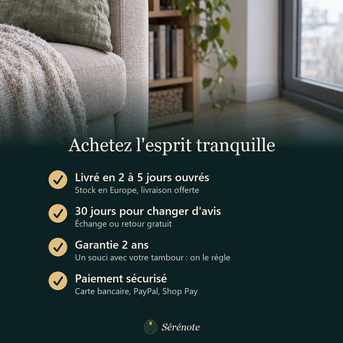 Livraison en 2 à 5 jours ouvrés, 30 jours pour changer d'avis, garantie 2 ans, paiement sécurisé