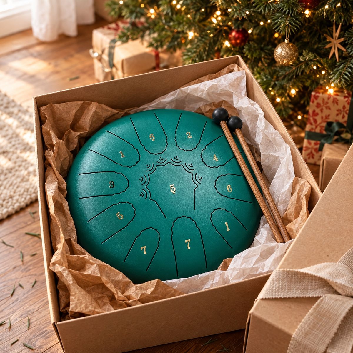 Le tambour dans sa boîte cadeau, au pied du sapin