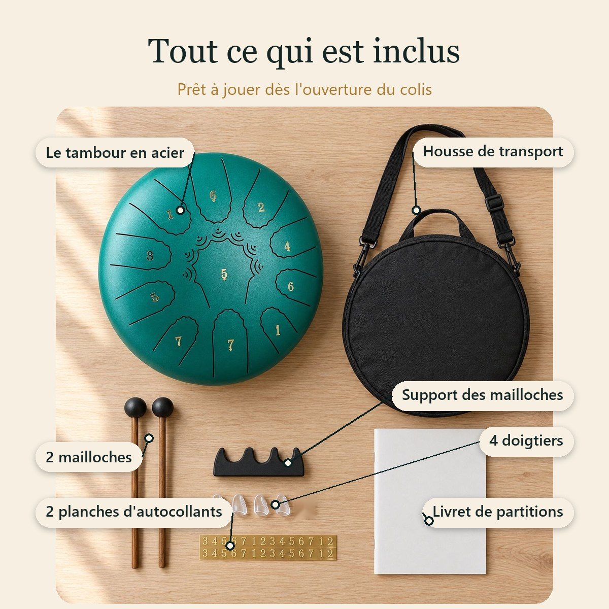 Tout ce qui est inclus : le tambour, la housse, 2 mailloches et leur support, 4 doigtiers, 2 planches d'autocollants de notes et un livret de partitions